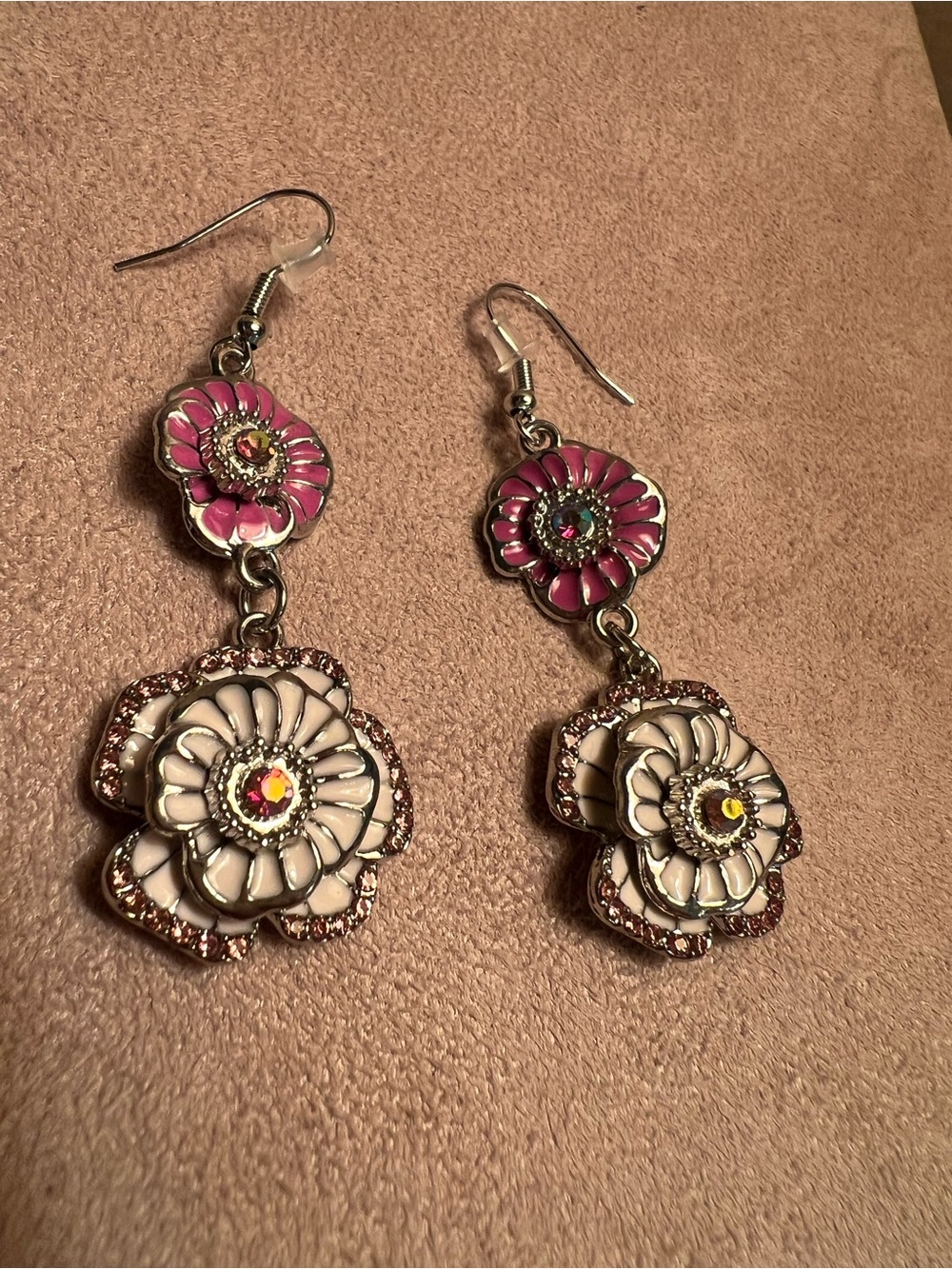 Pink and White Floral Dangle Earrings with AB Crystal Accents